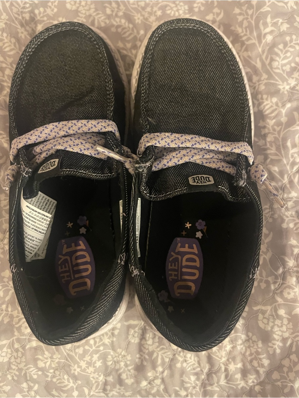 Hey Dude Kids Black Canvas Slip-On Sneakers with Lavender Accents
Worn once